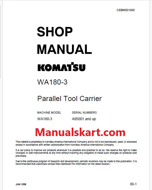 Komatsu WA180-3 Parallel Tool Carrier Pdf Repair Service Manual Sn A85001 and UP