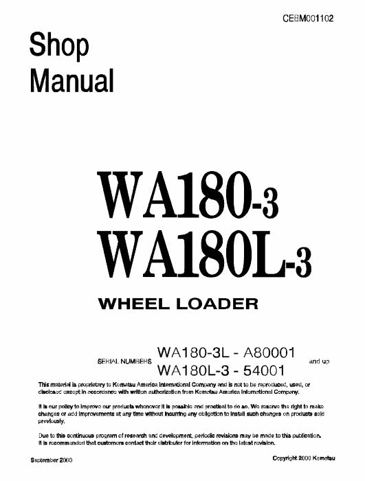 Komatsu WA180-3, WA180L-3 Wheel Loader Pdf Shop Repair Service Manual