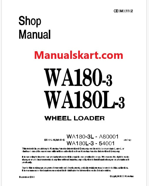 Komatsu WA180-3 Wheel Loader Pdf Repair Service Manual Sn 54001 and UP