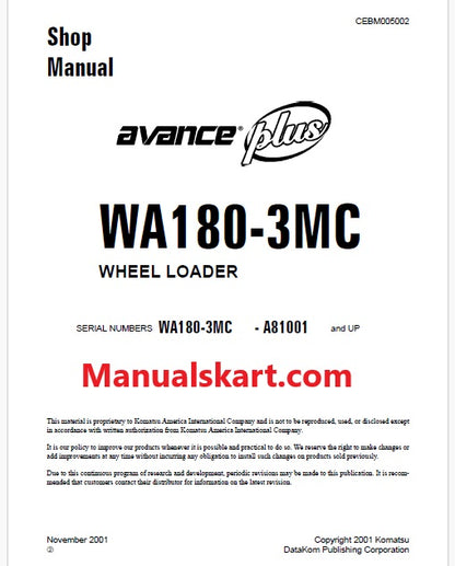 Komatsu WA180-3MC Avance Plus Wheel Loader Pdf Repair Service Manual Sn A81001 and UP
