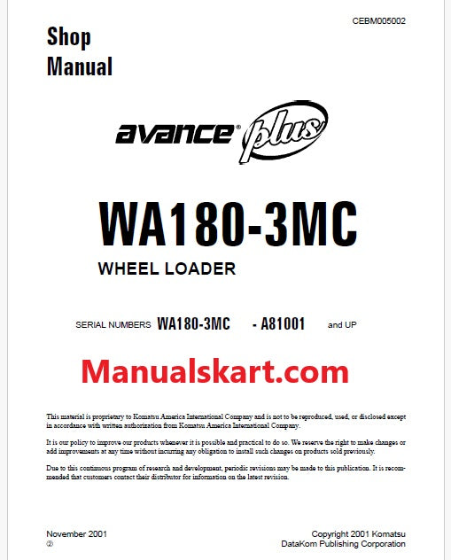 Komatsu WA180-3MC Avance Plus Wheel Loader Pdf Repair Service Manual Sn A81001 and UP