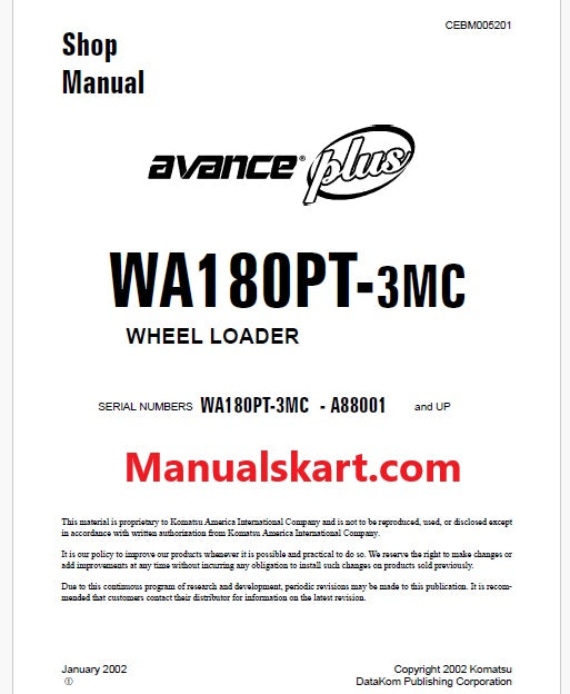 Komatsu WA180PT-3MC Avance Plus Wheel Loader Pdf Repair Service Manual Sn A88001 and UP