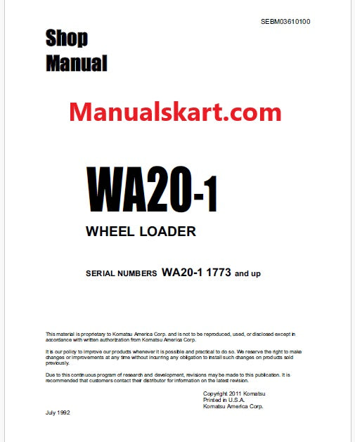 Komatsu WA20-1 Wheel Loader Pdf Repair Service Manual Sn 1773 and UP