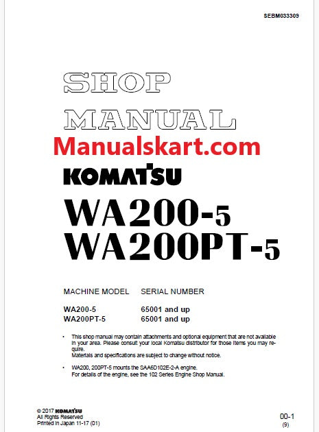 Komatsu WA200-5, WA200PT-5 Wheel Loader Pdf Repair Service Manual Sn 65001 and UP