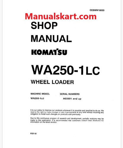 Komatsu WA250-1LC, WA250-1 LC Wheel Loader Pdf Repair Service Manual Sn A65001 and UP