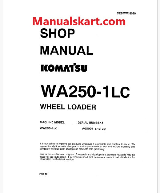Komatsu WA250-1LC, WA250-1 LC Wheel Loader Pdf Repair Service Manual Sn A65001 and UP