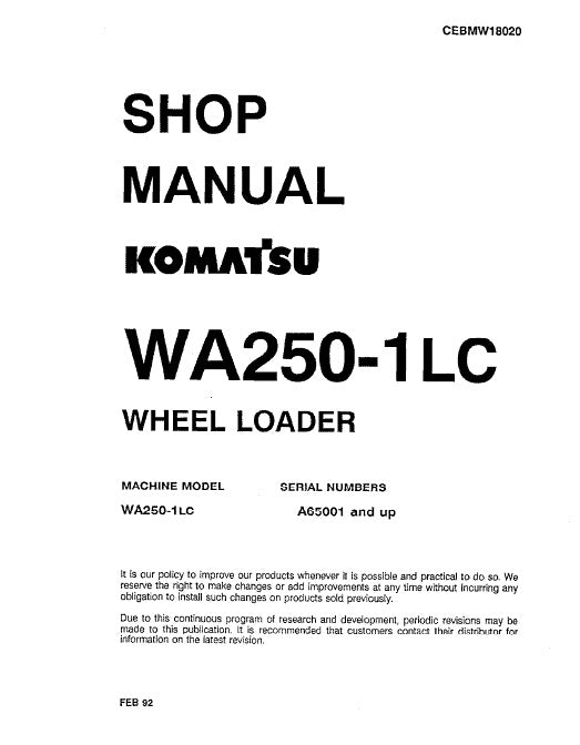 Komatsu WA250-1LC Wheel Loader Pdf Shop Repair Service Manual Sn A65001 And Up