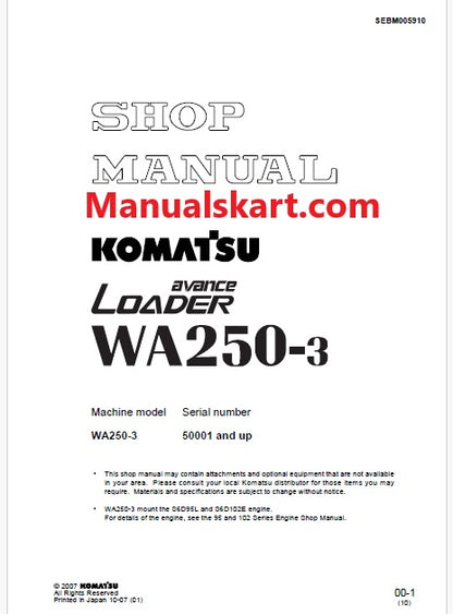 Komatsu WA250-3 Avance Wheel Loader Pdf Repair Service Manual Sn 50001 and UP