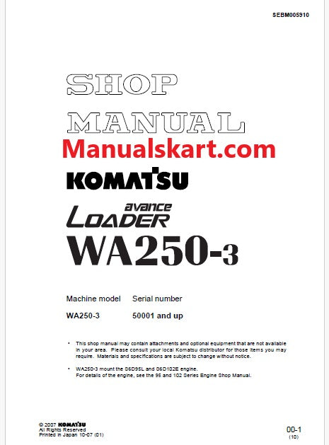 Komatsu WA250-3 Avance Wheel Loader Pdf Repair Service Manual Sn 50001 and UP
