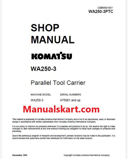 Komatsu WA250-3 Parallel Tool Carrier Pdf Repair Service Manual Sn A75001 and UP