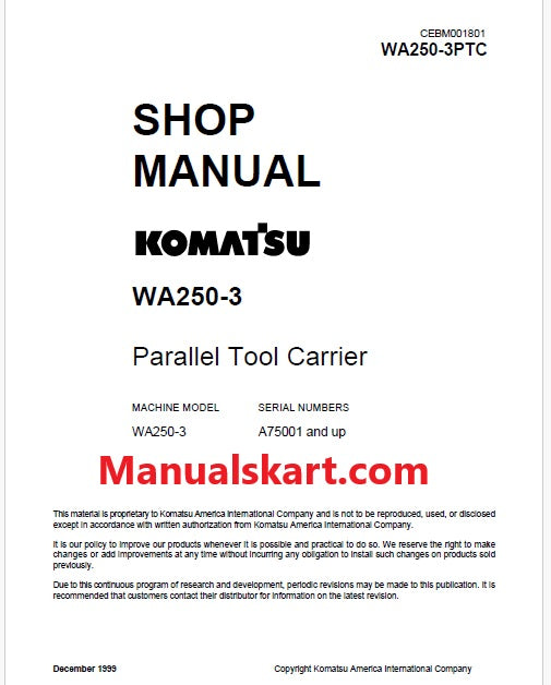 Komatsu WA250-3 Parallel Tool Carrier Pdf Repair Service Manual Sn A75001 and UP