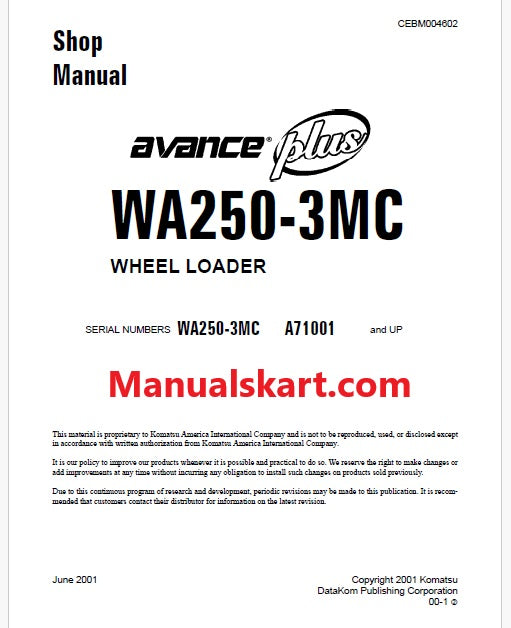 Komatsu WA250-3MC Avance Plus Wheel Loader Pdf Repair Service Manual Sn A71001 and UP