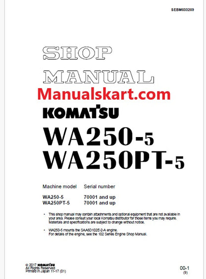 Komatsu WA250-5, WA250PT-5 Wheel Loader Pdf Repair Service Manual Sn 70001 and UP