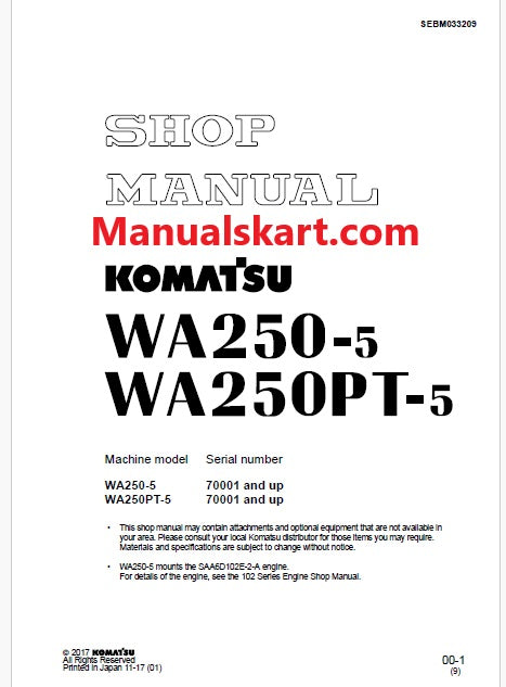 Komatsu WA250-5, WA250PT-5 Wheel Loader Pdf Repair Service Manual Sn 70001 and UP