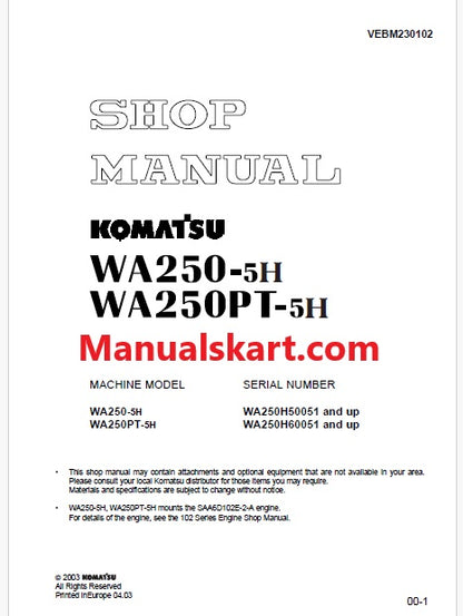 Komatsu WA250-5H Wheel Loader Pdf Repair Service Manual Sn WA250H50051 and UP