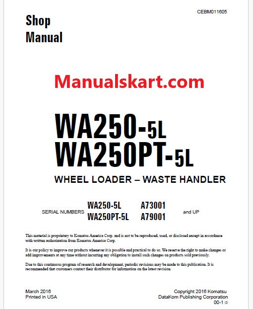 Komatsu WA250-5L Wheel Loader – Waste Handler Pdf Repair Service Manual Sn A73001 and UP