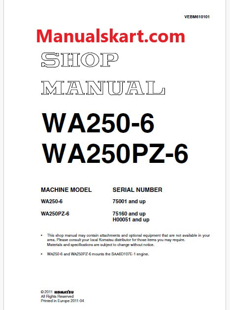 Komatsu WA250-6 Wheel Loader Pdf Repair Service Manual Sn 75001 and UP
