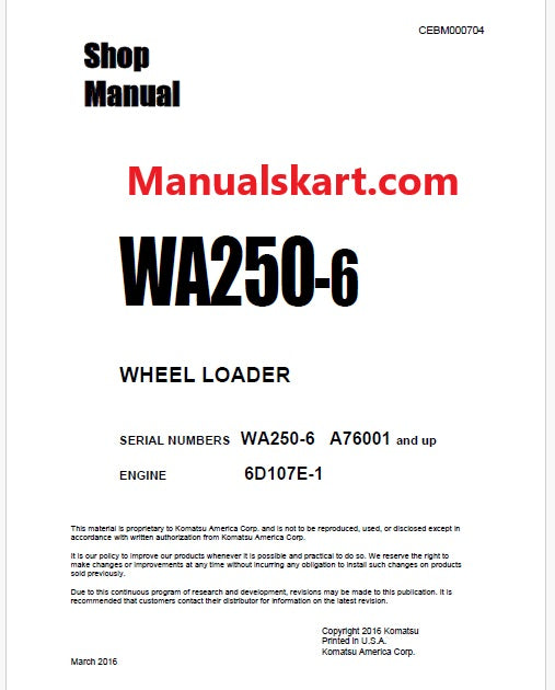 Komatsu WA250-6 Wheel Loader Pdf Repair Service Manual Sn A76001 and UP
