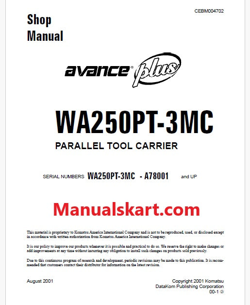 Komatsu WA250PT-3MC Avance Plus Wheel Loader Pdf Repair Service Manual Sn A78001 and UP