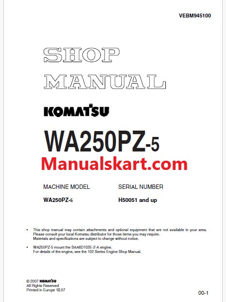 Komatsu WA250PZ-5 Wheel Loader Pdf Repair Service Manual Sn H50051 and UP