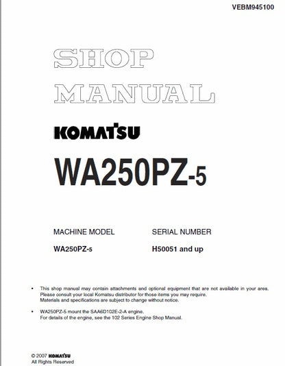 Komatsu WA250PZ-5 Wheel Loader Pdf Shop Repair Service Manual Sn H50051 And Up