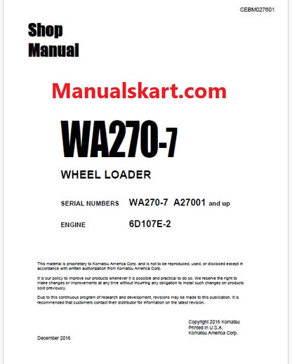 Komatsu WA270-7 Wheel Loader Pdf Repair Service Manual Sn A27001 and UP
