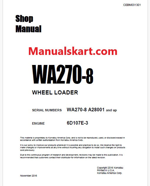 Komatsu WA270-8 Wheel Loader Pdf Repair Service Manual Sn A28001 and UP