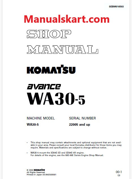 Komatsu WA30-5 Avance Wheel Loader Pdf Repair Service Manual Sn 22005 and UP