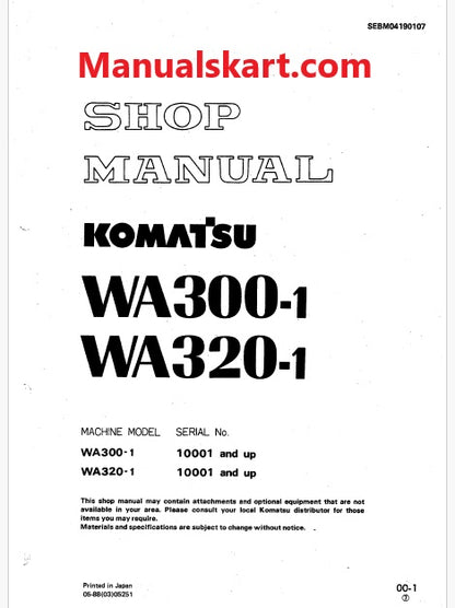 Komatsu WA300-1, WA320-1 Wheel Loader Pdf Repair Service Manual Sn 10001 and UP