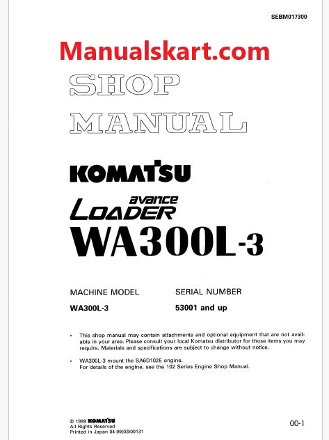 Komatsu WA300L-3 Avance Wheel Loader Pdf Repair Service Manual Sn 53001 and UP