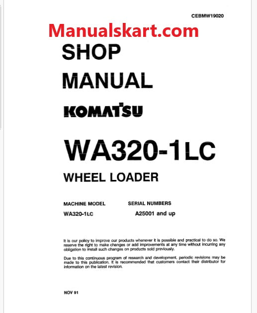 Komatsu WA320-1 LC Wheel Loader Pdf Repair Service Manual Sn A25001 and UP