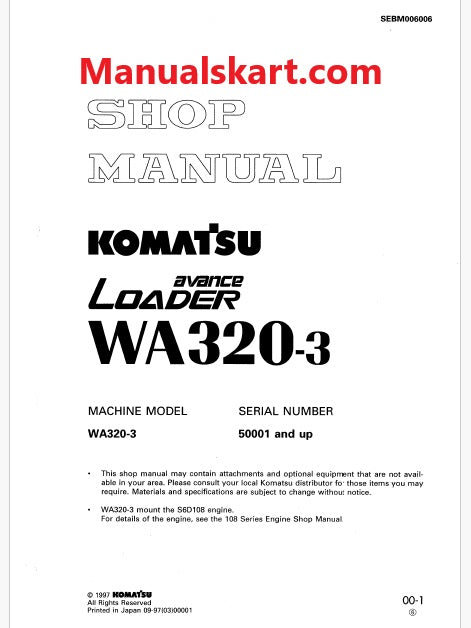 Komatsu WA320-3 Avance Wheel Loader Pdf Repair Service Manual Sn 50001 and UP