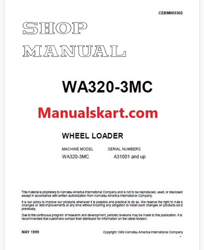 Komatsu WA320-3MC Wheel Loader Pdf Repair Service Manual Sn A31001 and UP