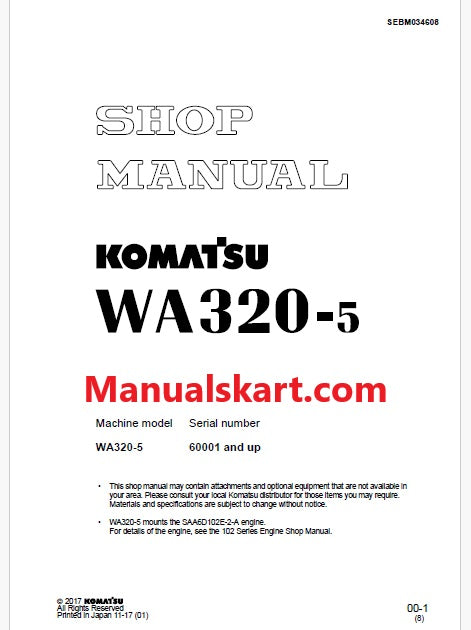 Komatsu WA320-5 Wheel Loader Pdf Repair Service Manual Sn 60001 and UP
