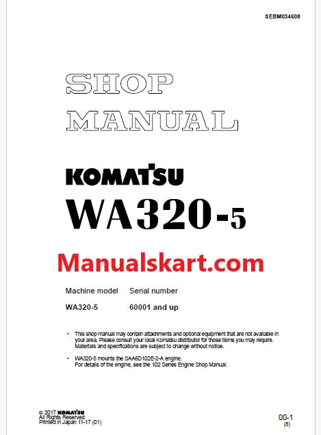 Komatsu WA320-5 Wheel Loader Pdf Shop Repair Service Manual Sn 60001 and UP