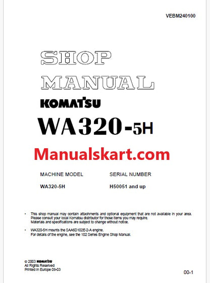 Komatsu WA320-5H Wheel Loader Pdf Repair Service Manual Sn H50051 and UP