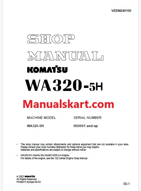 Komatsu WA320-5H Wheel Loader Pdf Repair Service Manual Sn H50051 and UP