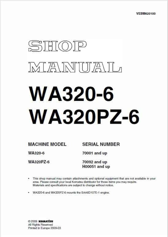 Komatsu WA320-6, WA320PZ-6 Wheel Loader Pdf Shop Repair Service Manual