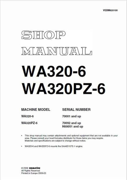 Komatsu WA320-6, WA320PZ-6 Wheel Loader Pdf Shop Repair Service Manual