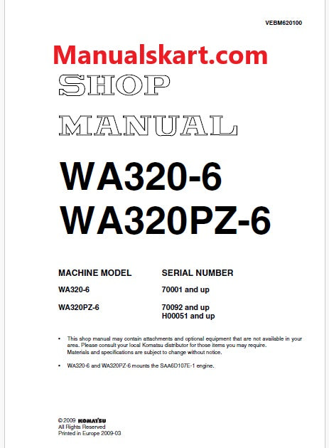 Komatsu WA320-6 Wheel Loader Pdf Repair Service Manual Sn 70001 and UP