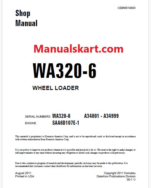 Komatsu WA320-6 Wheel Loader Pdf Repair Service Manual Sn A34001-A34999 and UP