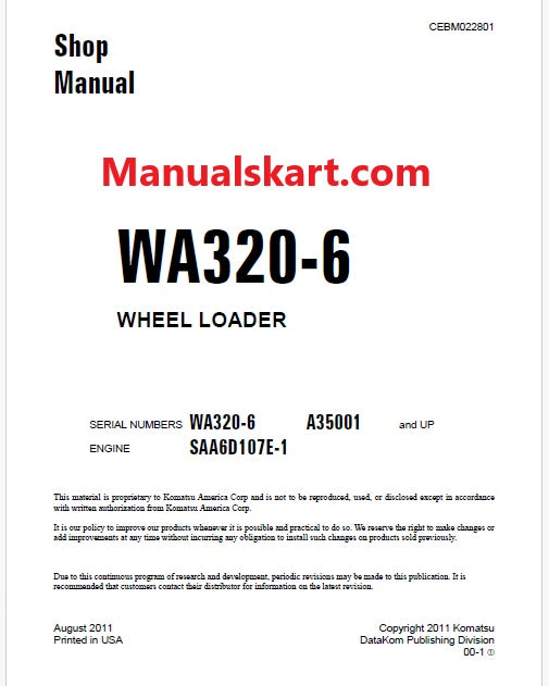 Komatsu WA320-6 Wheel Loader Pdf Repair Service Manual Sn A35001 and UP