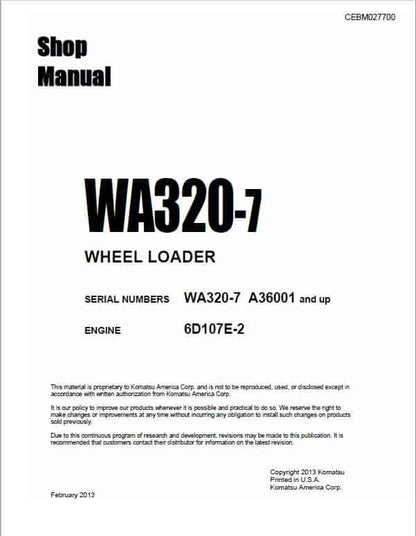 Komatsu WA320-7 Wheel Loader 6D107E-2 Engine Pdf Shop Repair Service Manual Sn A36001 And Up