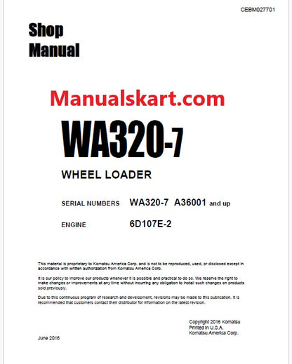 Komatsu WA320-7 Wheel Loader Pdf Repair Service Manual Sn A36001 and UP