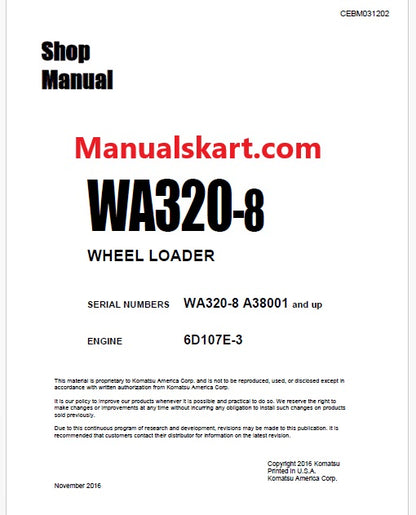 Komatsu WA320-8 Wheel Loader Pdf Repair Service Manual Sn A38001 and UP