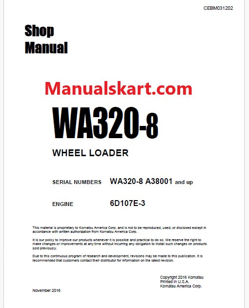 Komatsu WA320-8 Wheel Loader Pdf Repair Service Manual Sn A38001 and UP