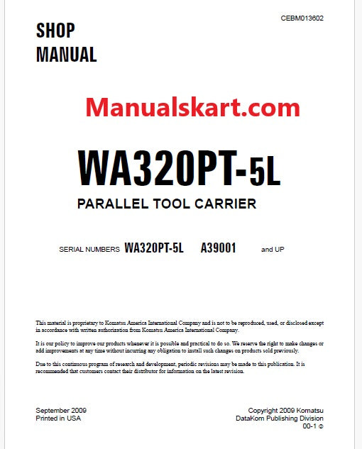 Komatsu WA320PT-5L Parallel Tool Carrier Pdf Repair Service Manual Sn A39001 and UP