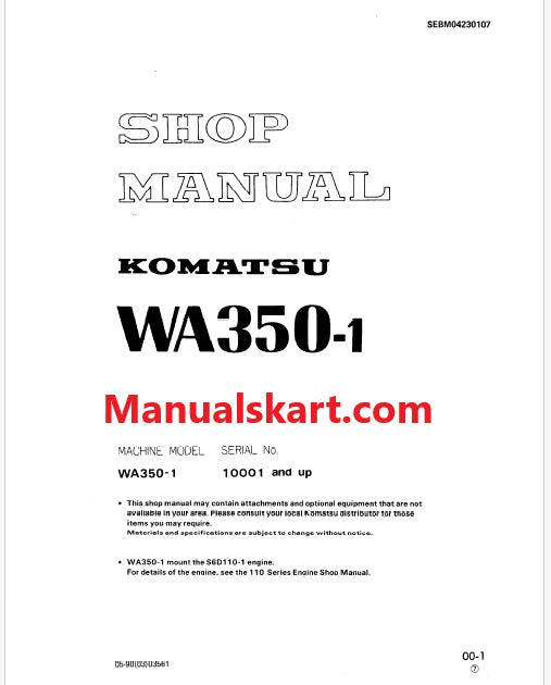 Komatsu WA350-1 Wheel Loader Pdf Repair Service Manual Sn 10001 and UP