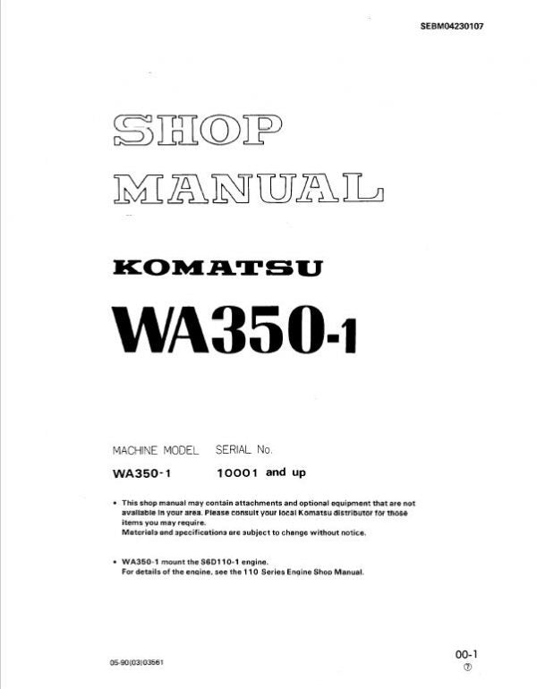 Komatsu WA350-1 Wheel Loader Pdf Shop Repair Service Manual Sn 10001 And Up