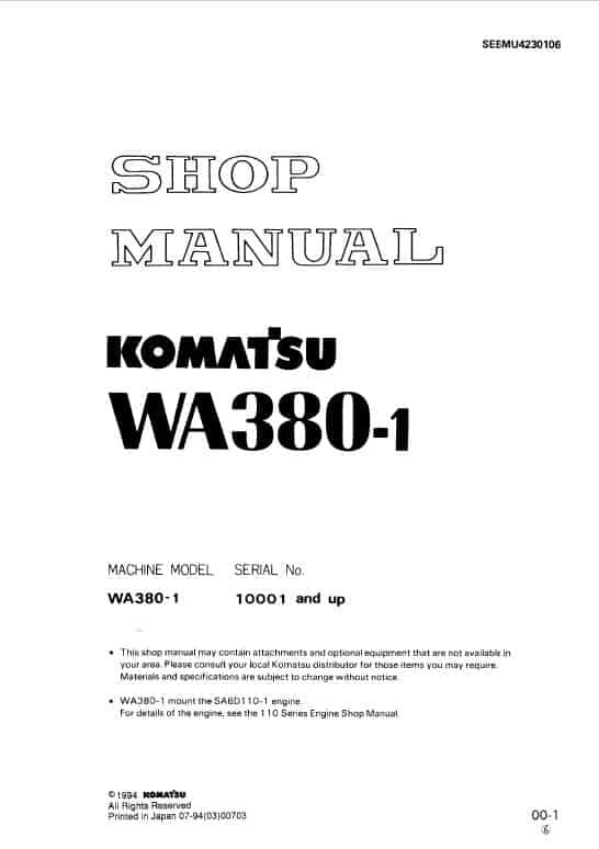 Komatsu WA380-1 Wheel Loader Pdf Shop Repair Service Manual